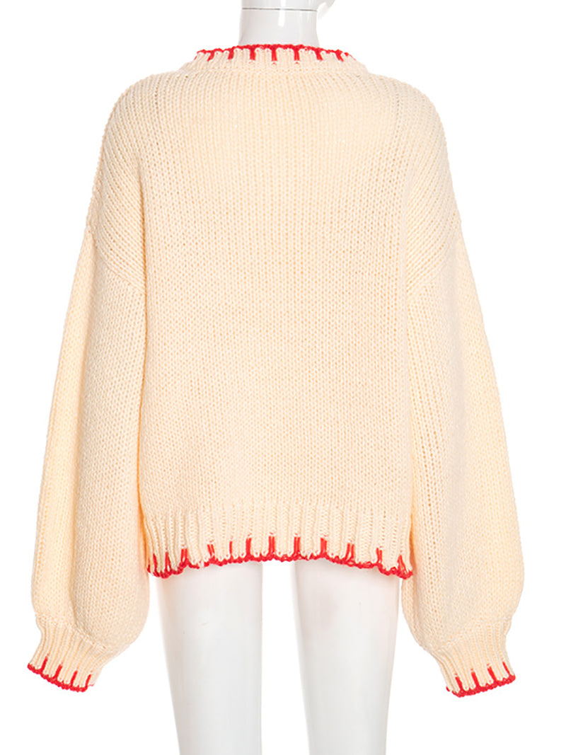 Casual V Neck Loose Contrast Stitch Chunky Knit Sweater