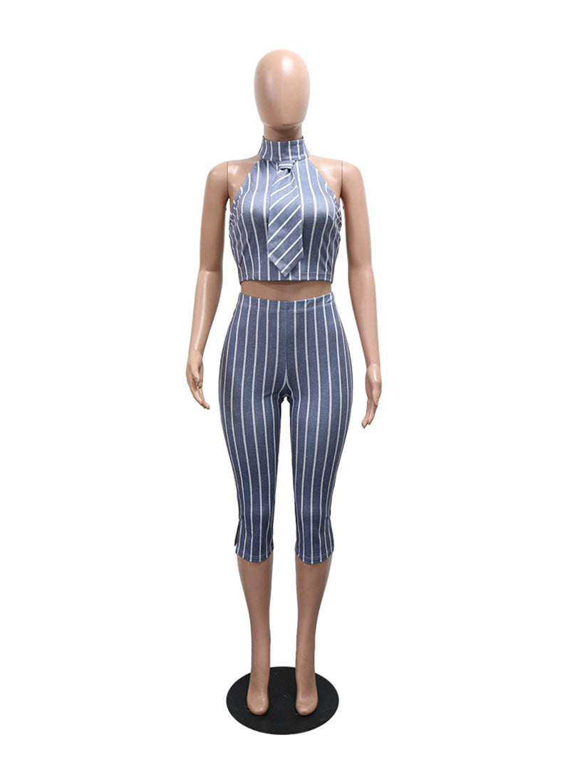 Casual Halter Stripe Sleeveless Top Skinny Pants Set
