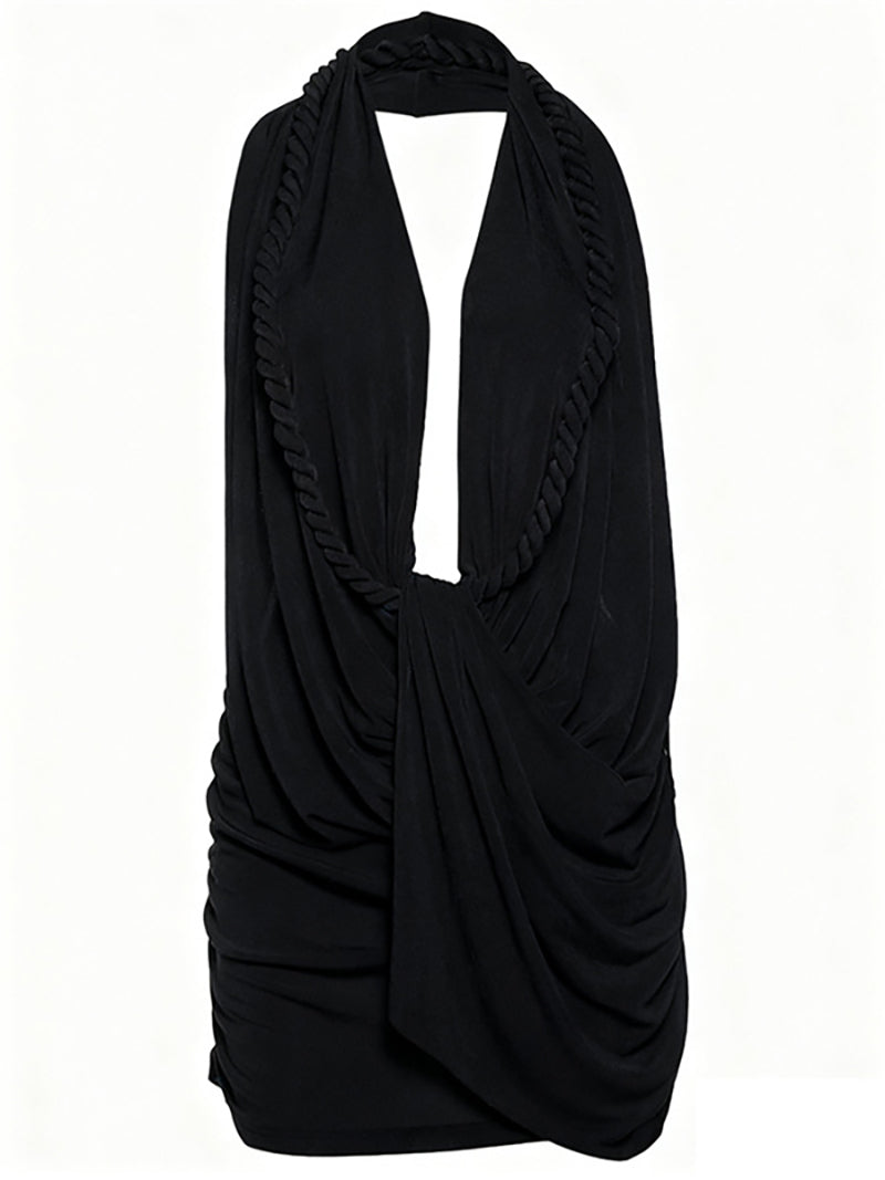 Sexy Deep V Neck Backless Halter Mini Dress