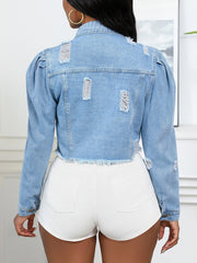 Wash Ruched Ripped Crop Denim Jacket