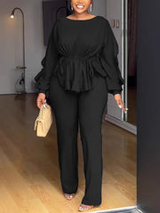 Casual Round Neck Cinched Waist Top and Pants Set