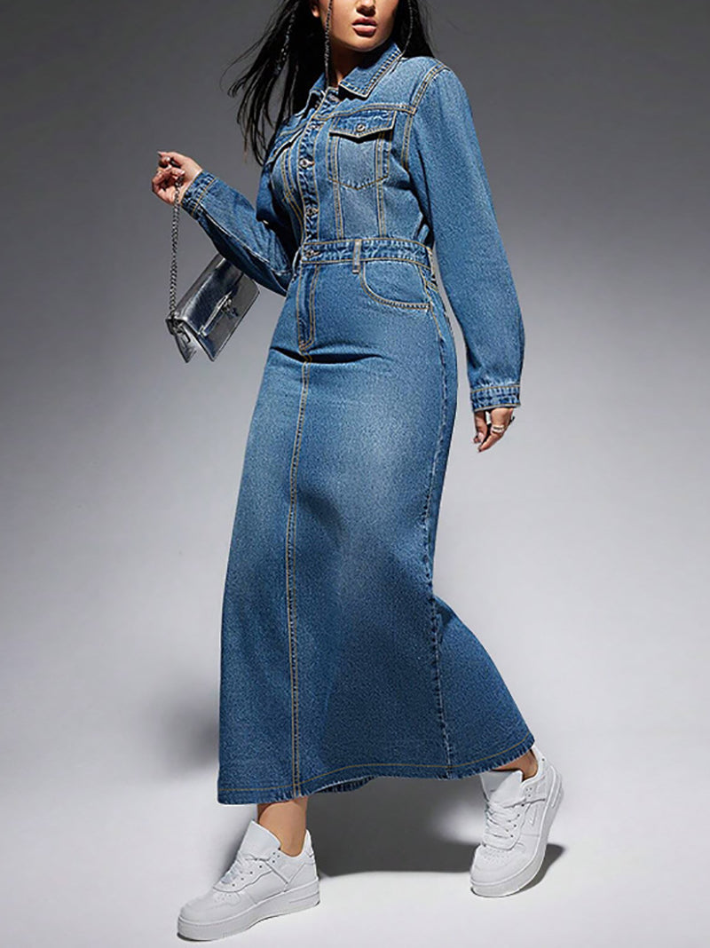 Fashion Lapel Button High Waist Slim Denim Dress