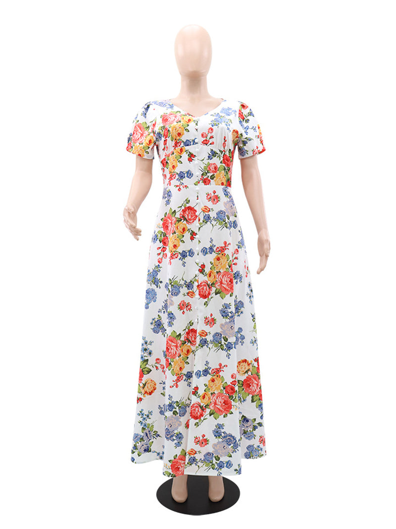 Elegant V-neck Floral Print Holiday Casual Dress