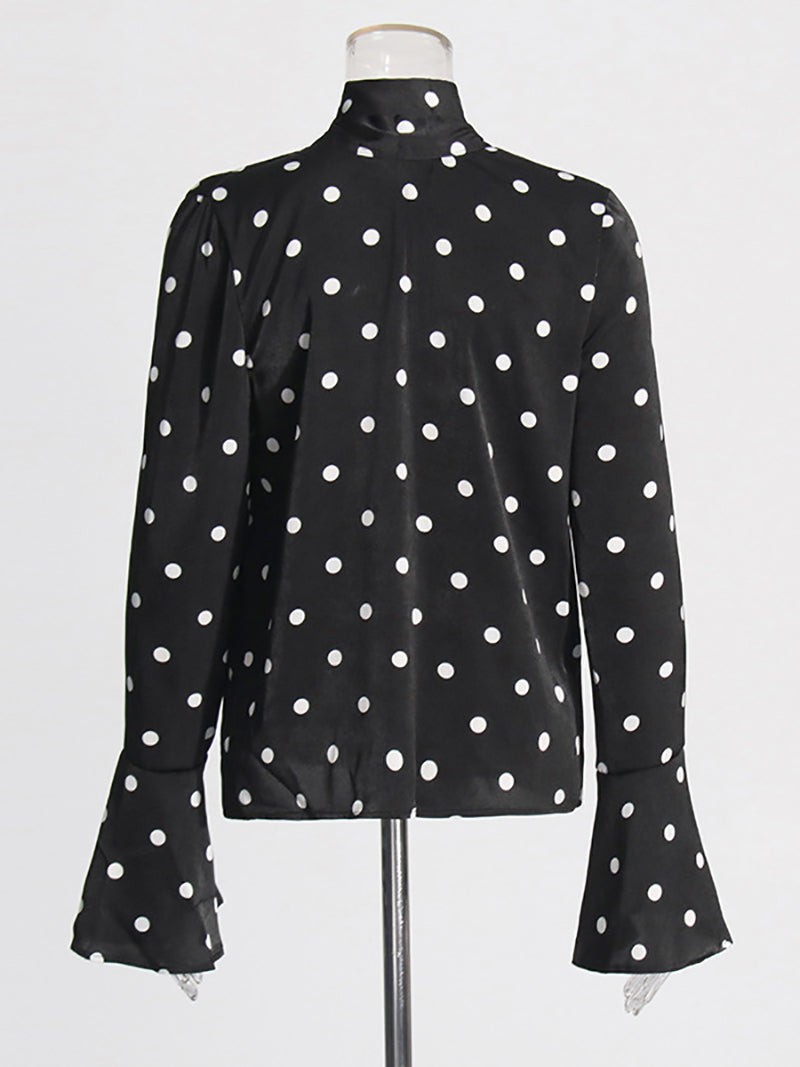 Bow Lace-Up Neck Mesh Long Sleeve Polka Dot Print Top