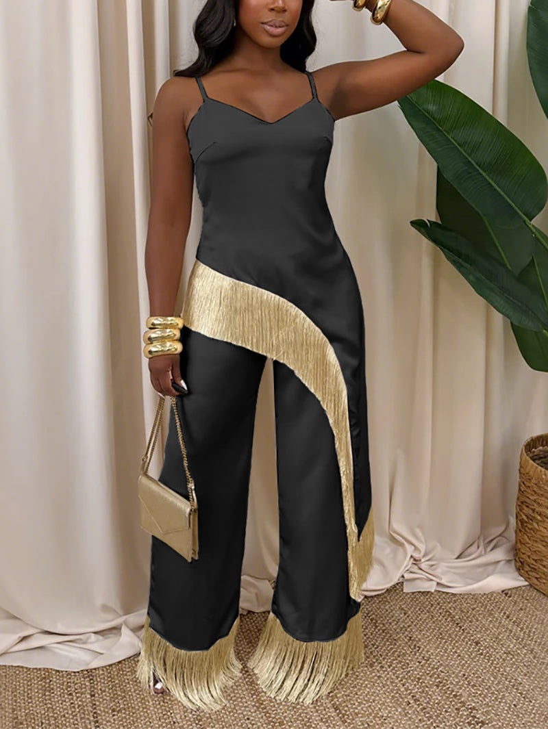 Fashion Fringe Camisole Top And Wide Leg Pant Sets