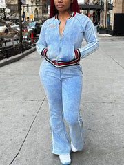 Side Striped Zipper Jacket and Flare Pants Sets