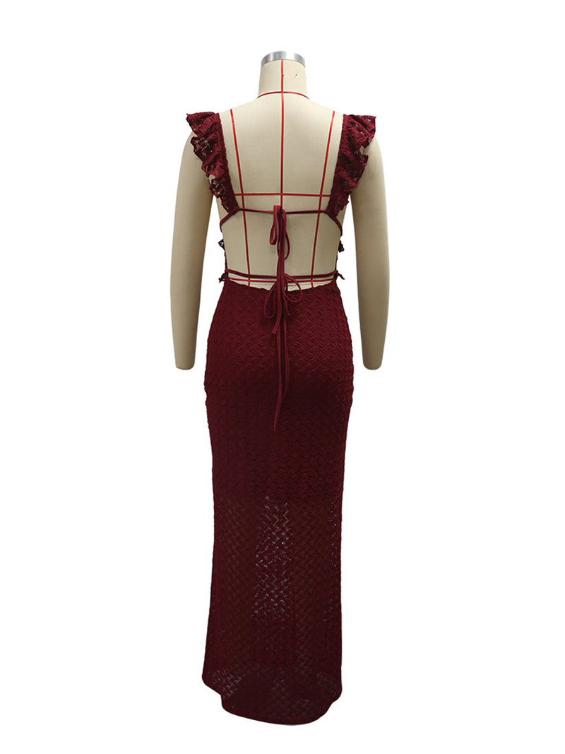 Sexy Lace Backless Ruffles Sleeveless Maxi Dress