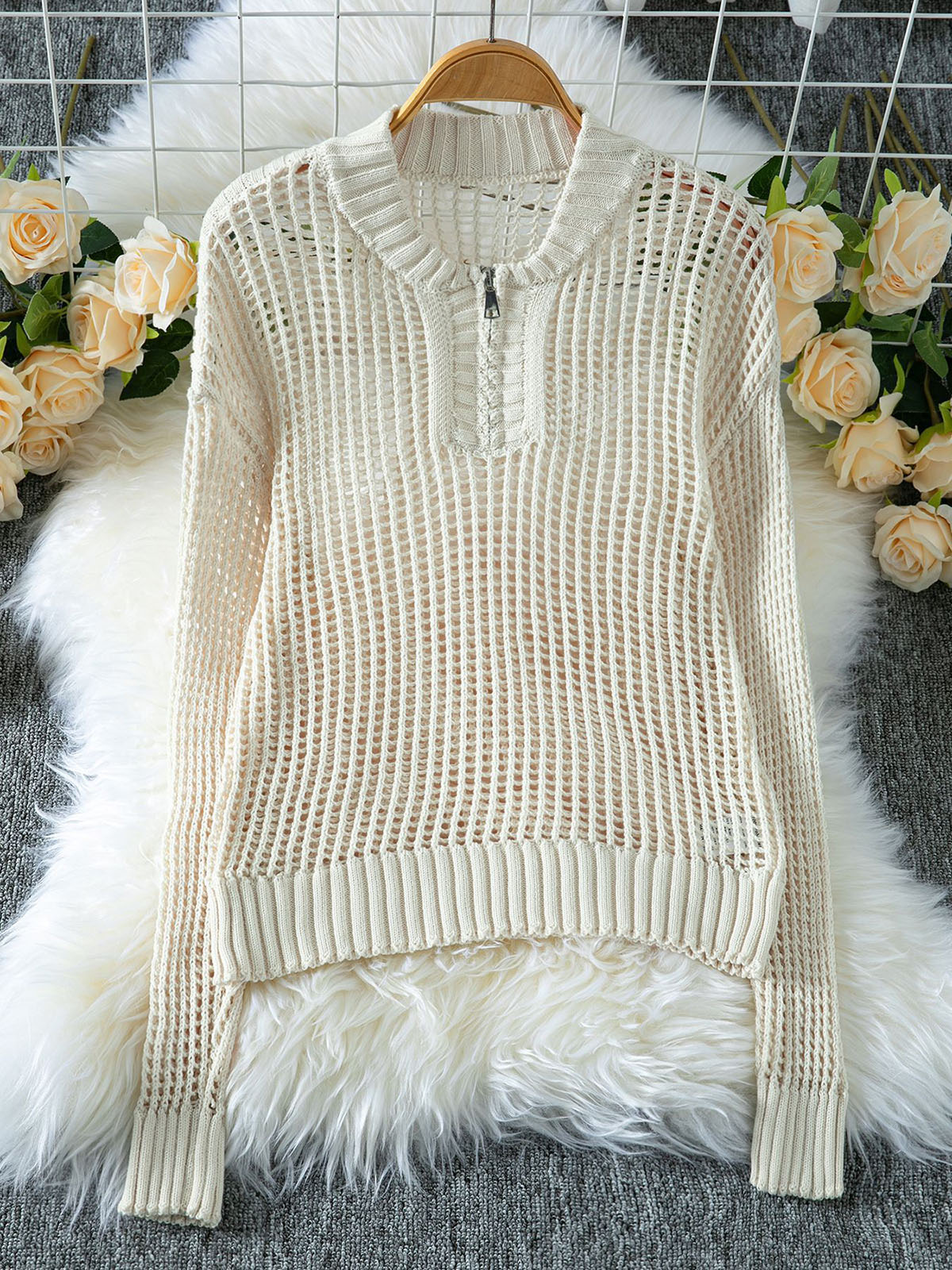 Casual Half-Zip Long Sleeve Hollow Out Sweater