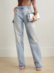 Sparkly Rhinestone High Waist Straight Leg Jeans