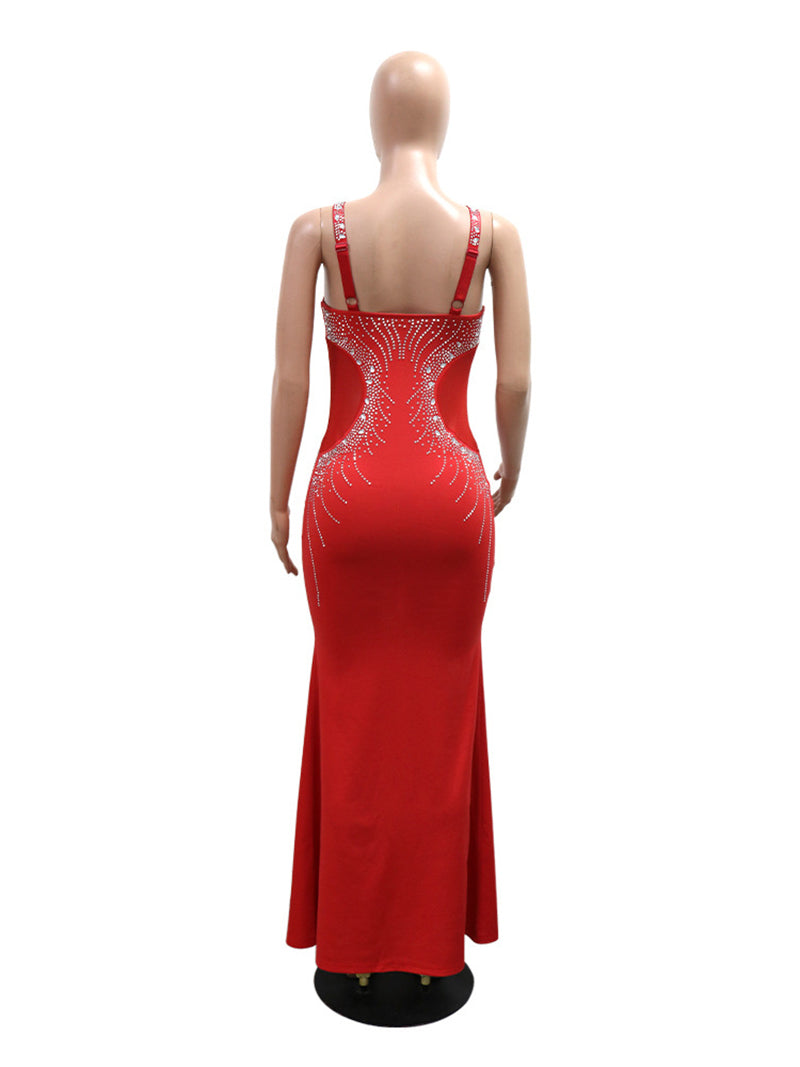 Sexy Rhinestones V Neck Sleeveless Maxi Dress