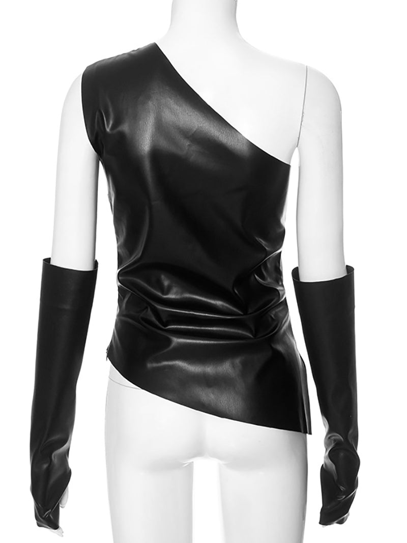 Fashion PU Leather One Shoulder Asymmetry Tops