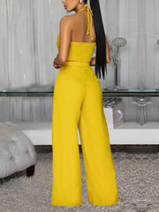 Ruched Halter Crop Top And Wide-Leg Pant Set