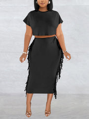 Round Neck Crop Top Tassels Skirts Casual Set