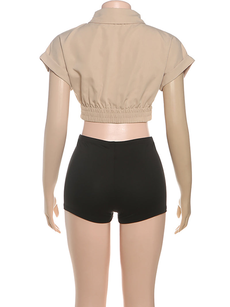 Casual Lapel Elastic Crop Shirt And Shorts Sports Set