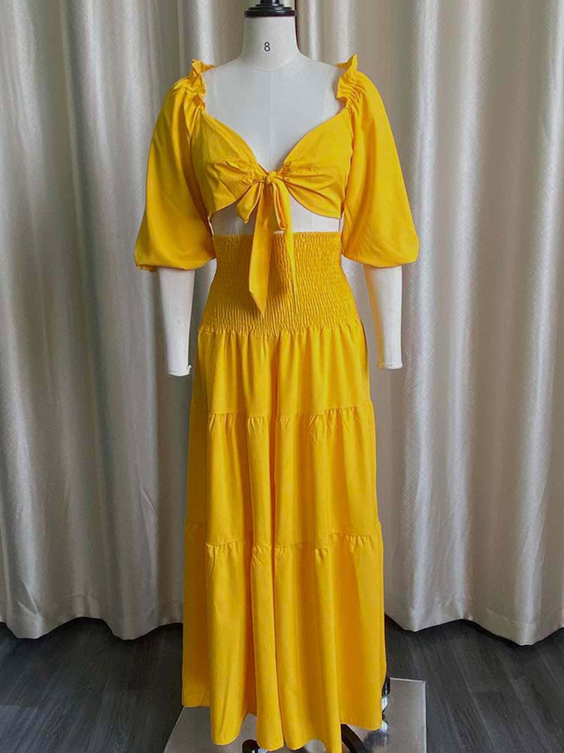 Sexy V Neck Tied Front Crop Tops And Wide Leg Pants Set