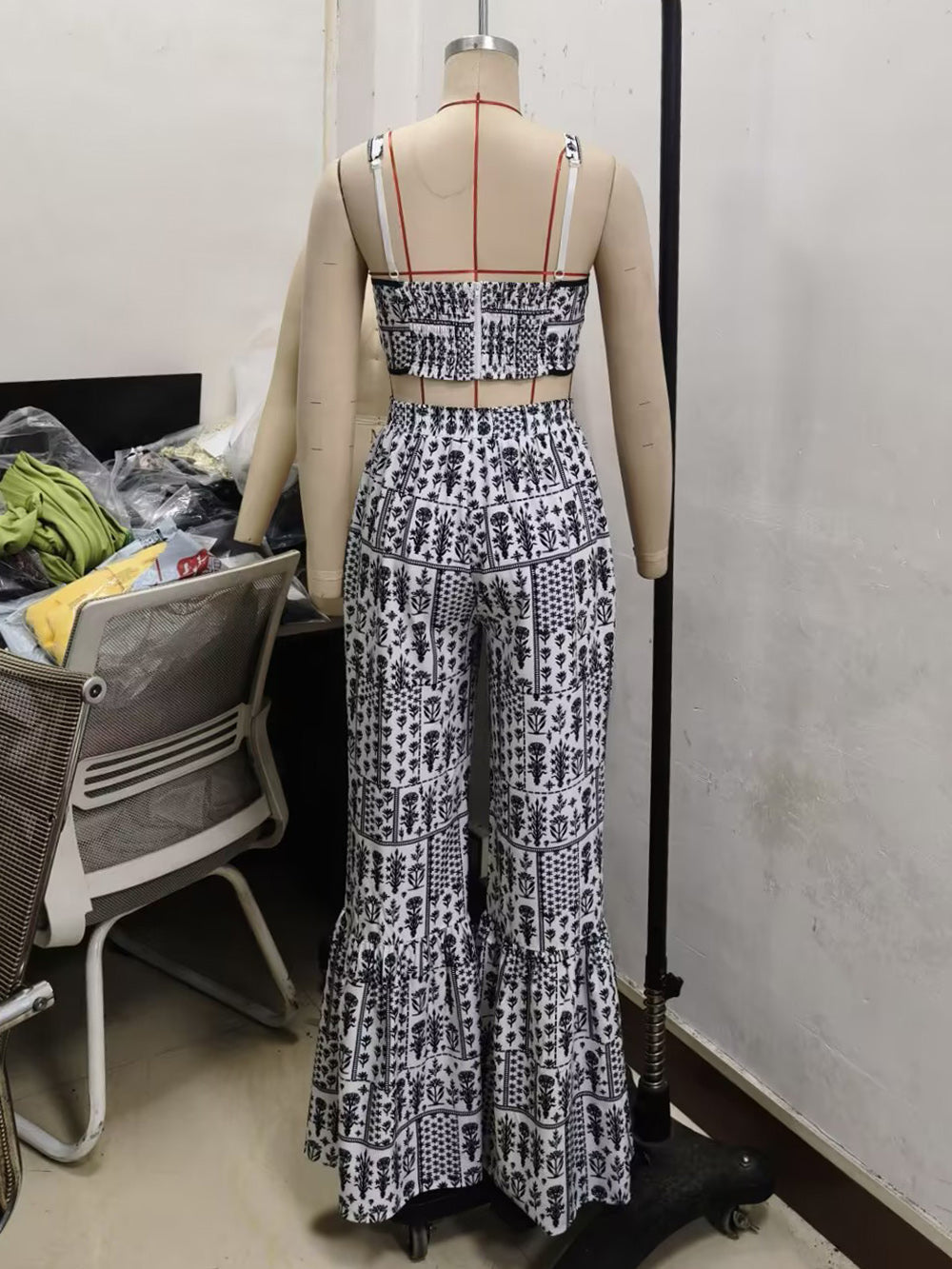Print Crop Top High Waist Flared Trousers Two Piece Set