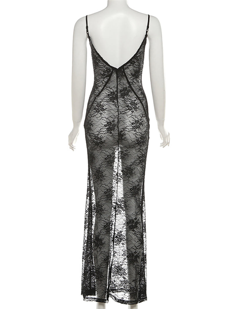 Sexy Lace See Through Backless Sling Maxi Dress