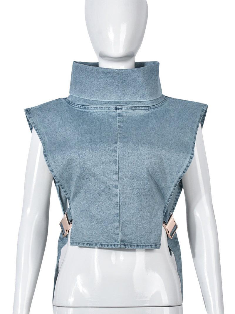 Fashion Heaps Collar Sleeveless Denim Waistcoat