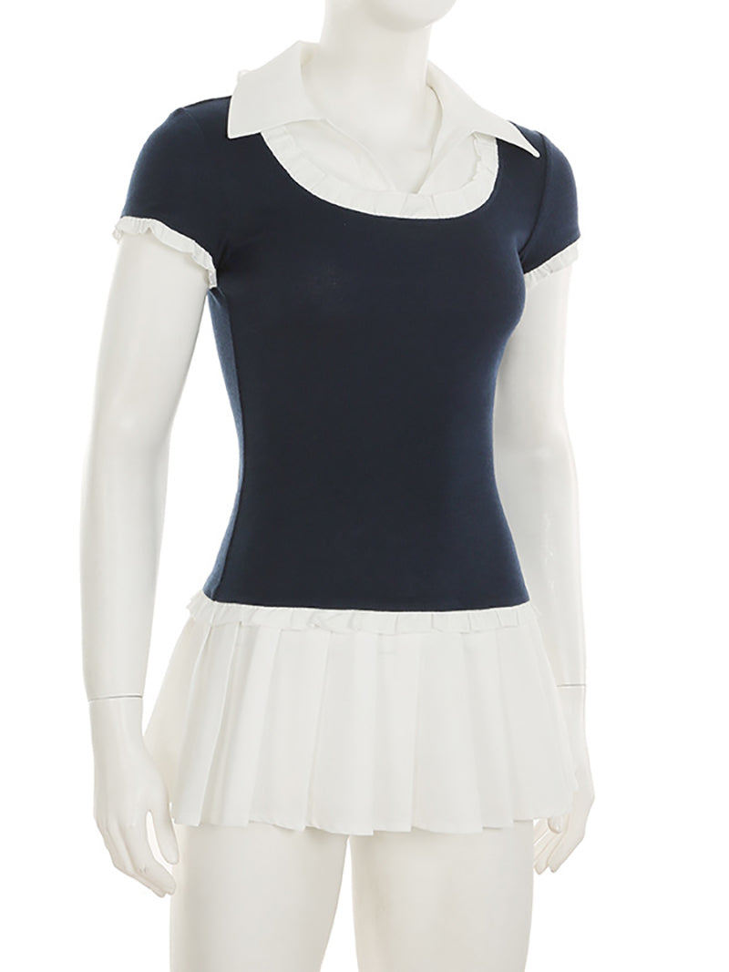 Casual Turn-down Collar Patchwork Pleated Dress