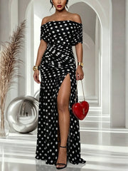 Polka Dot Ruched Slit Vacation Dress