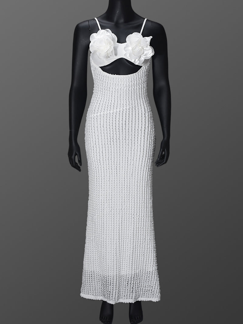 Sexy Floral Decor Hollow Bodycon Spaghetti Strap Dress