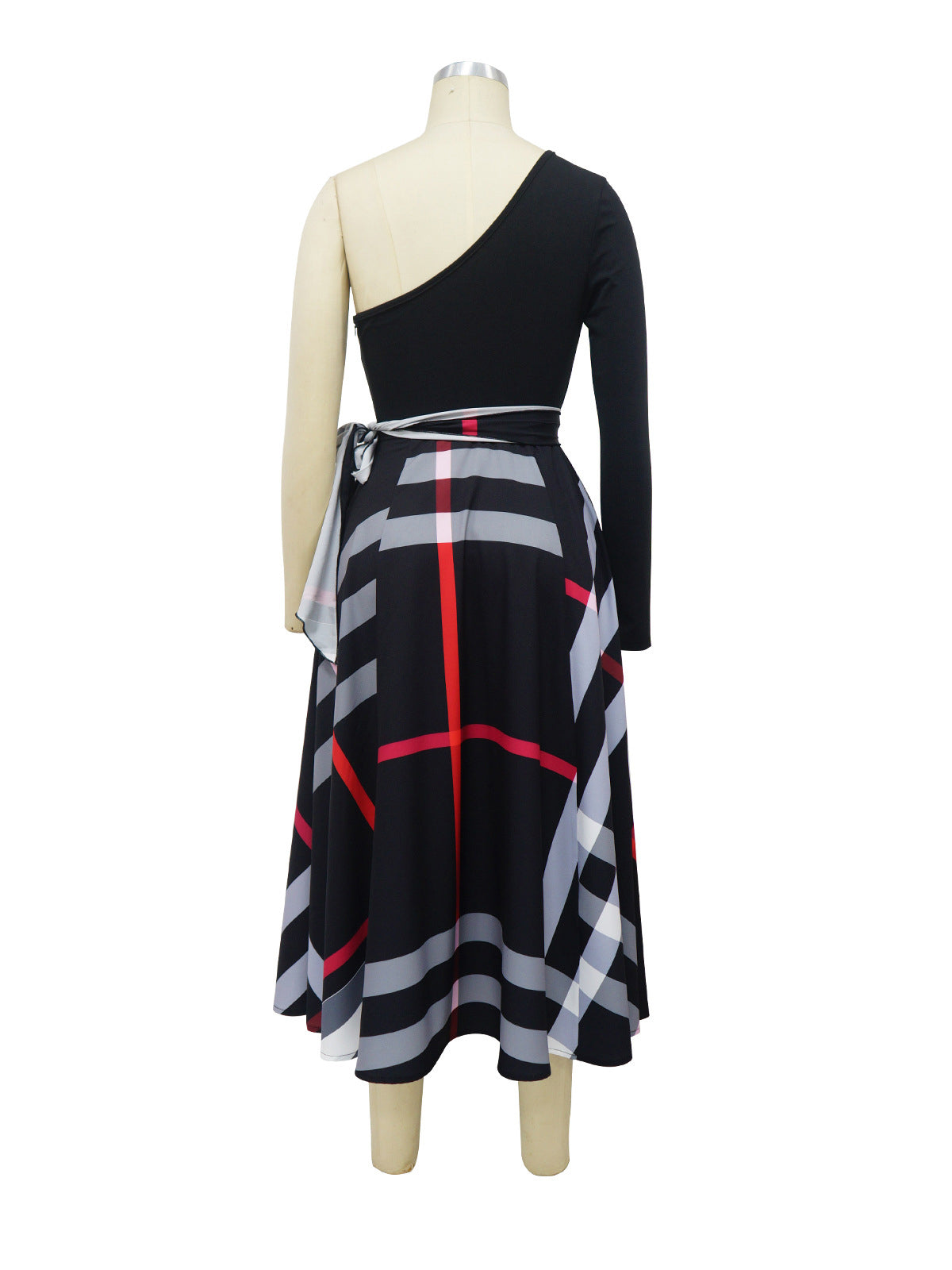 Causal One Shoulder Plaid Print High Waist Slit Dress