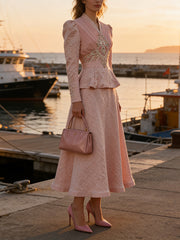 Vintage V Neck Ruffle Jacket Maxi Skirt Set