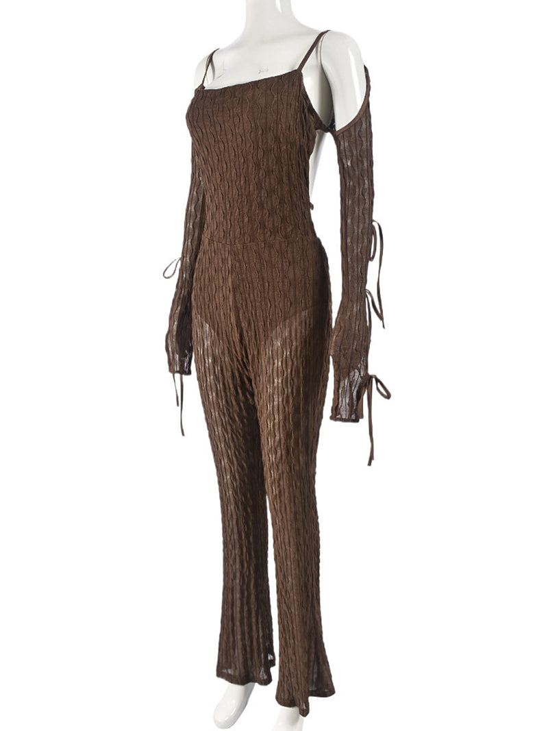 Sexy Off Shoulder Mesh Textured Jumpsuit