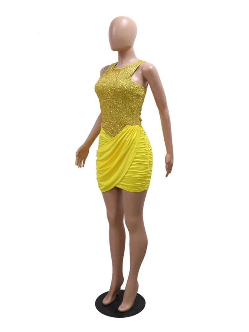 Sequins O-neck Patchwork Irregular Ruched Club Dress