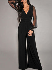 Elegant V Neck Mesh Long Sleeve Wide Leg Jumpsuit