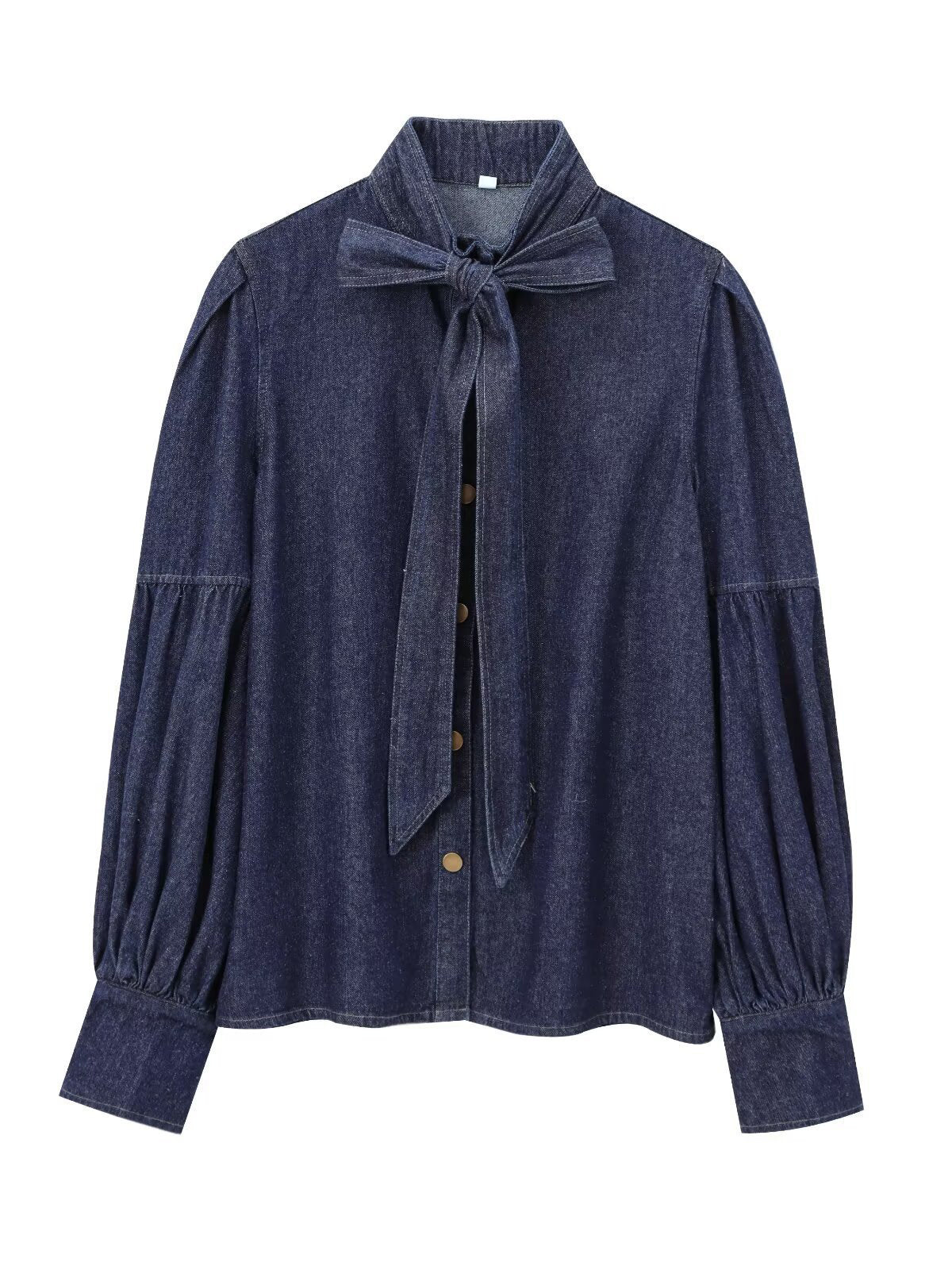 Fashion Bow Tie Neck Lantern Sleeve Denim Shirt