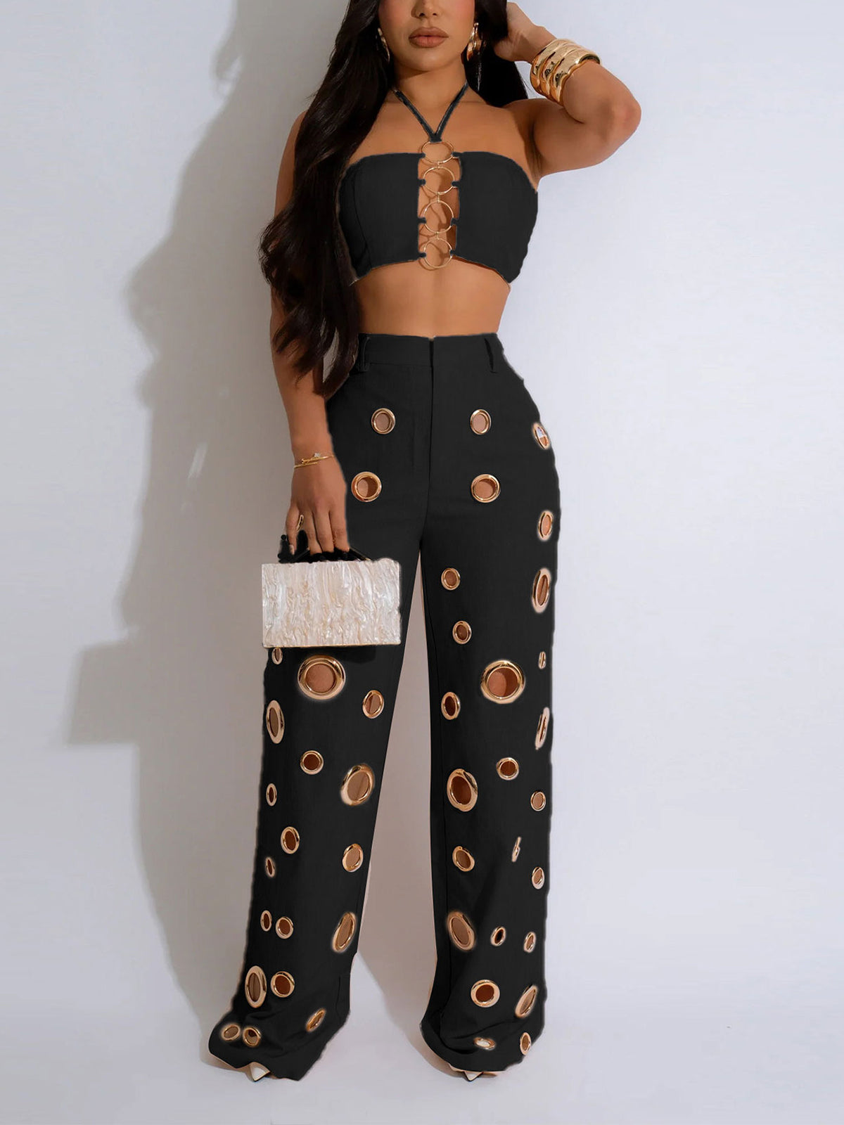 Sexy Metal Ring Hollow Crop Top Wide Leg Pants Sets