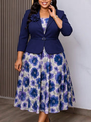 Flower Detail Blazer and Floral Midi Dress Set