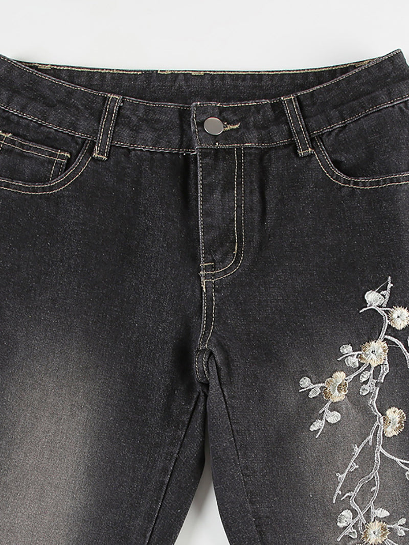 Fashion Low Rise Floral Embroidery Flared Pants Jeans
