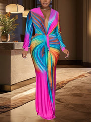 Fashion V Neck Colorful Print Slim Maxi Dress