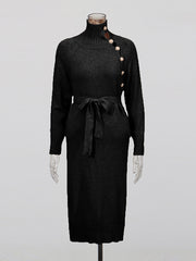 Fashion High Collar Knit Lace-up Slim Midi Dress