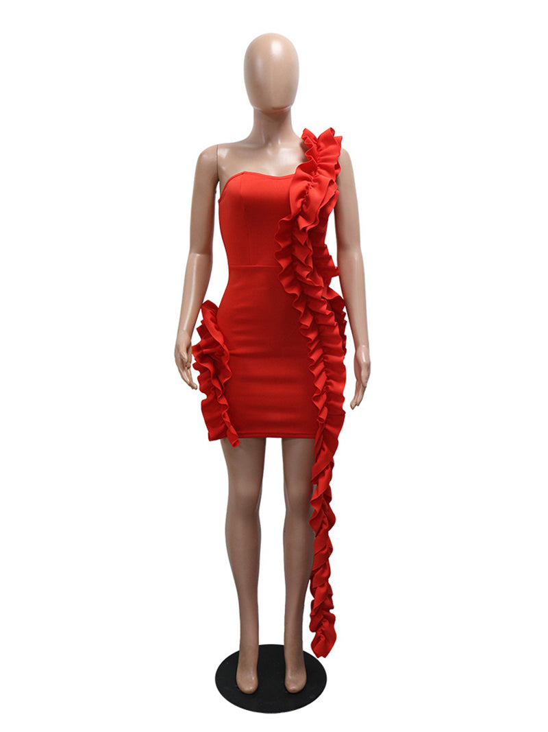 Sexy Single Shoulder Ruched Patchwork Bodycon Dress