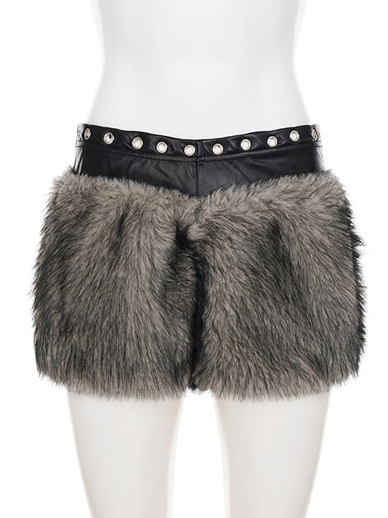 PU Leather Patchwork Eyelets Low-rise Fuzzy Shorts