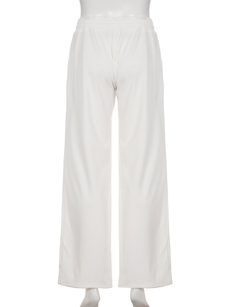 Lace Patchwork Drawstring Corduroy Straight Pants
