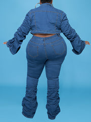 Plus Size Stacked Denim Jacket And Pant Casual Set