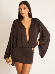 Deep V Flare Sleeve Bodycon Dress