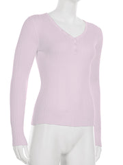 Casual V Neck Rib Knit Long Sleeve Slim T shirt