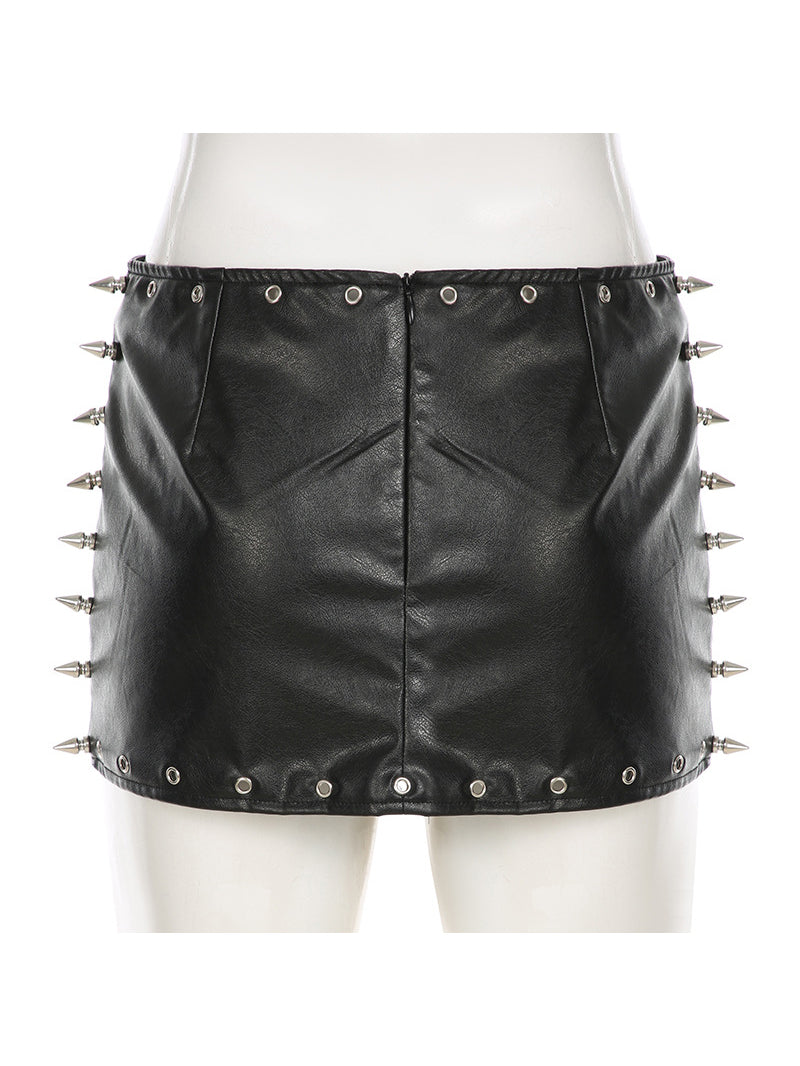 Sexy Studded Faux-Leather Low Waist Mini Skirt