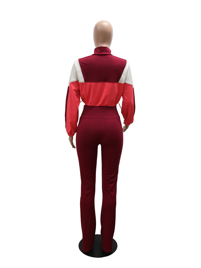 Color Block Ruched Zipper Crop Top Plain Pants Sets