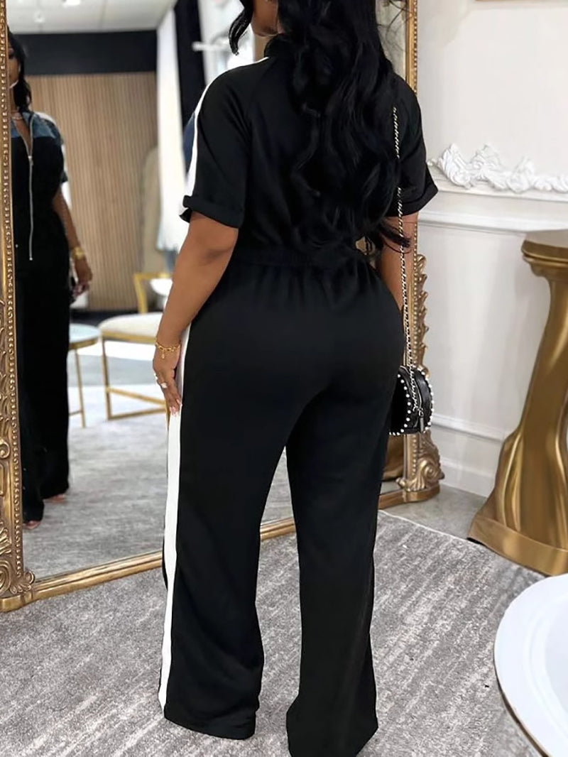 Casual V-neck Short Sleeve Zipper Jumpsuit