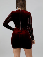 V Neck Rhinestone Velvet Slim Mini Dress