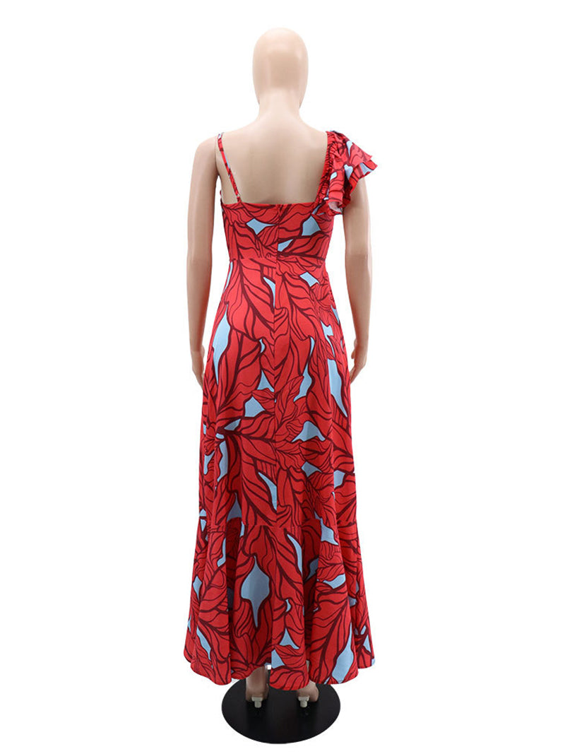 Fashion Print asymmetry Ruffles Dress