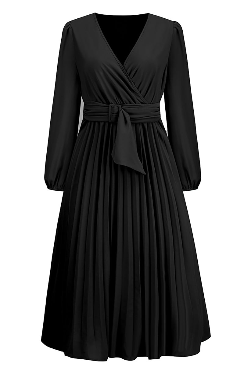 Casual Long Sleeve V-neck Slim Pleated Dress