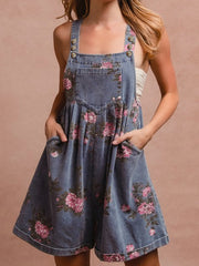 Casual Wide-Leg Floral Print Denim Overalls Shorts