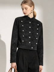 Military Button Stand Collar Crop Jacket-boutique